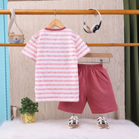 Boys Red Cartoon Applique Stripes T-Shirt With Elasticated Shorts Sets 2 pc. Sets