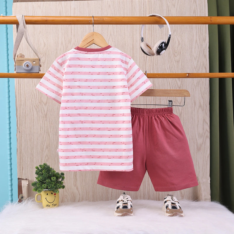 Boys Red Cartoon Applique Stripes T-Shirt With Elasticated Shorts Sets 2 pc. Sets