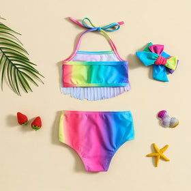 Girls Multicolor Ombre Print Halter Top & Briefs With Headband Swimwear Sets Sets