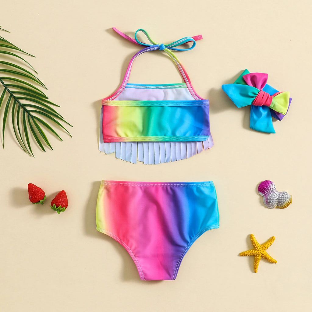Girls Multicolor Ombre Print Halter Top & Briefs With Headband Swimwear Sets Sets