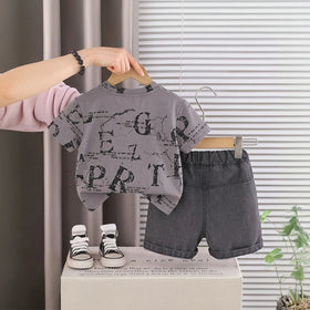 Boys Grey Typographic Printed Short Sleeve T-Shirt With Denim Shorts Sets 2 pc. Sets