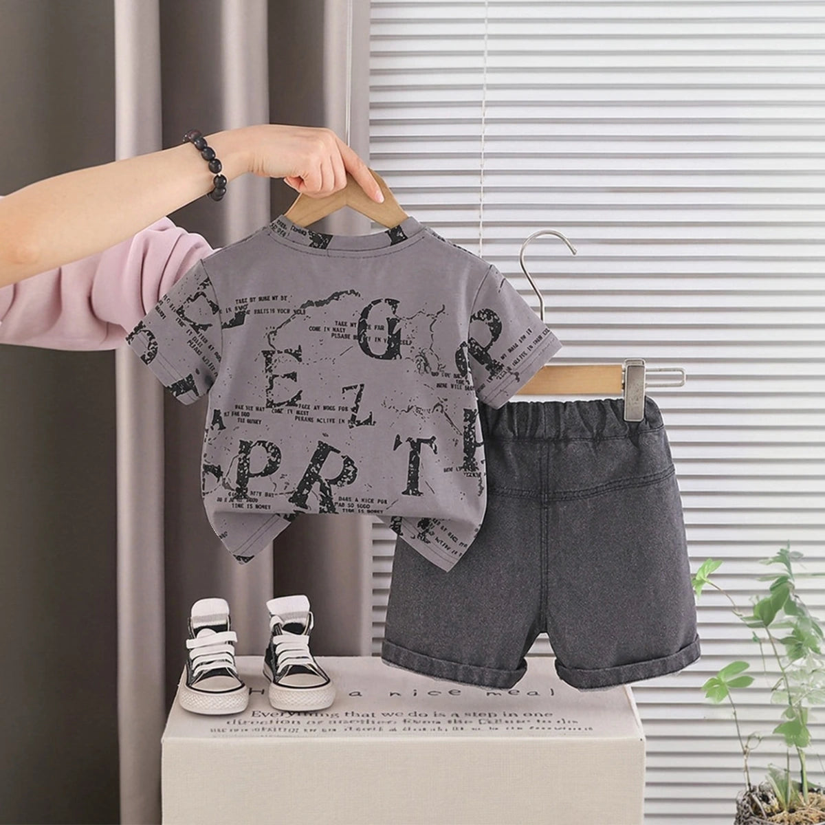 Boys Grey Typographic Printed Short Sleeve T-Shirt With Denim Shorts Sets 2 pc. Sets