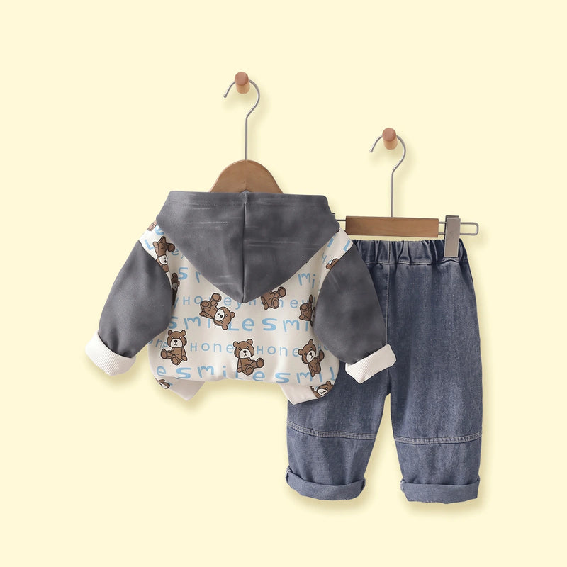 Boys Grey Typographic Hooded Jacket & T-Shirt With Denim Pants Sets Sets