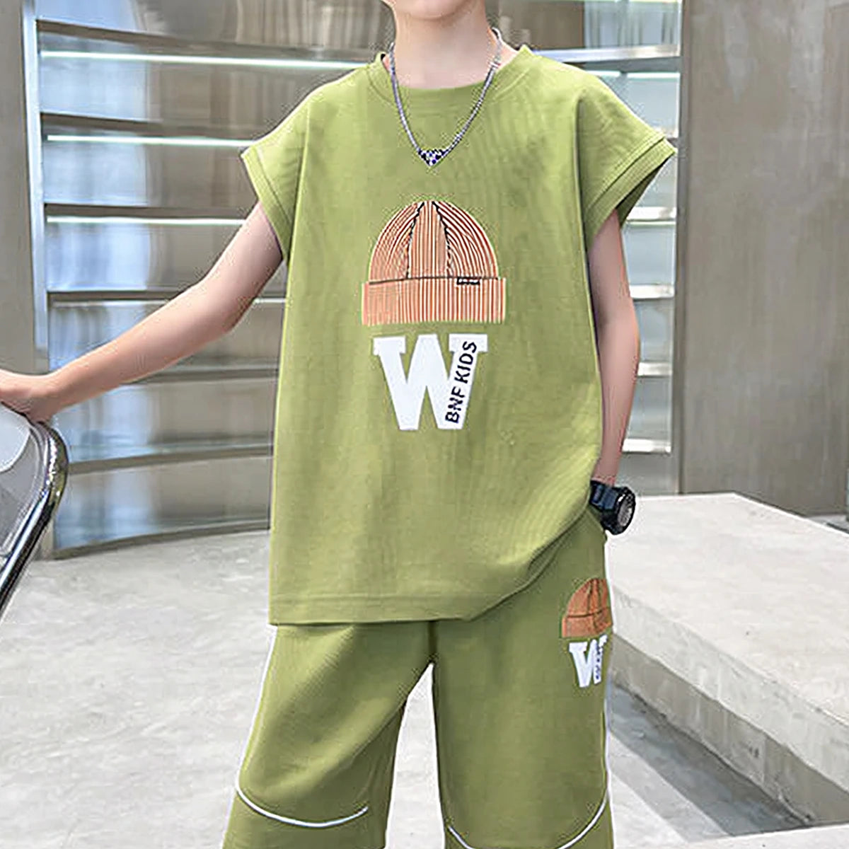 Boys Olive Green Graphic Sleeveless T-Shirt With Elasticated Long Shorts Sets Sets