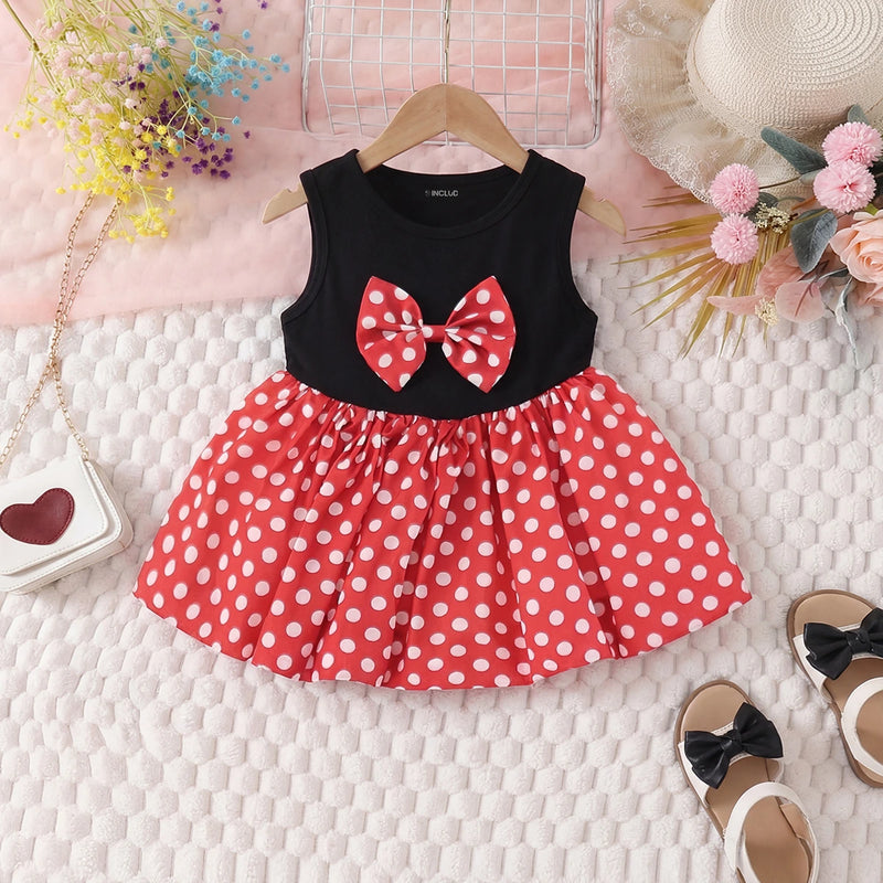 Girls Red Polka Dot Print Fit & Flare Dress With Bow Detail Casual Dresses Red 1-2 Y