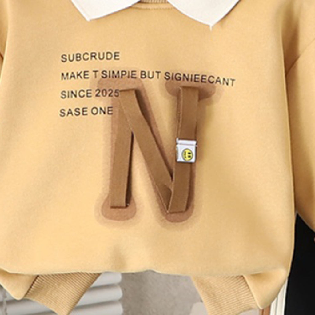 Boys Khaki Typographic Printed Polo Sweatshirt With Pants Set 2 pc. Sets