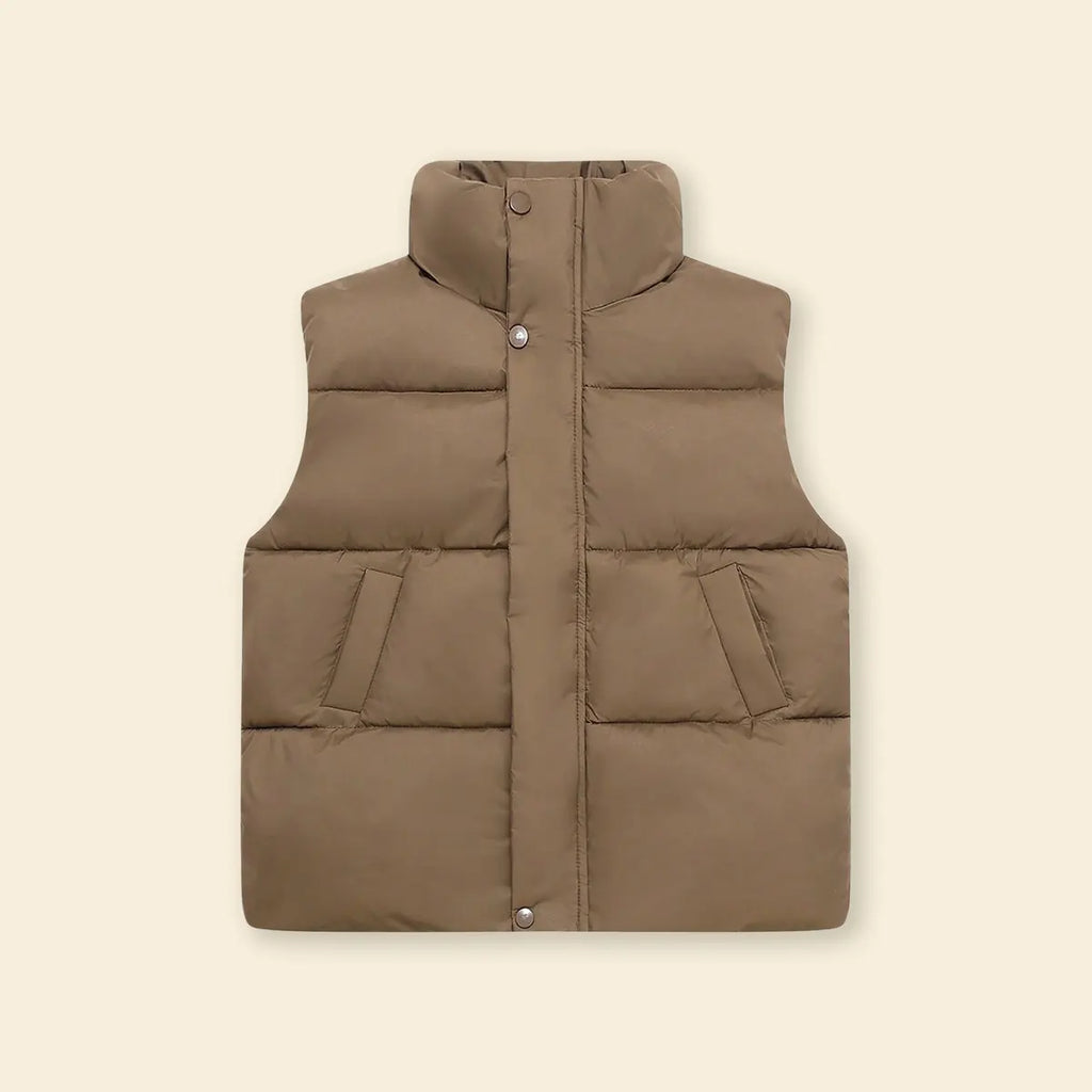 Boys Brown Quilted Puffer Vest With Stand-up Collar Coats & Jackets