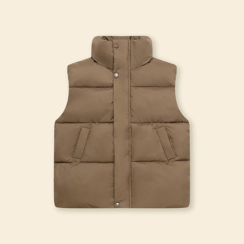 Boys Brown Quilted Puffer Vest With Stand-up Collar Coats & Jackets