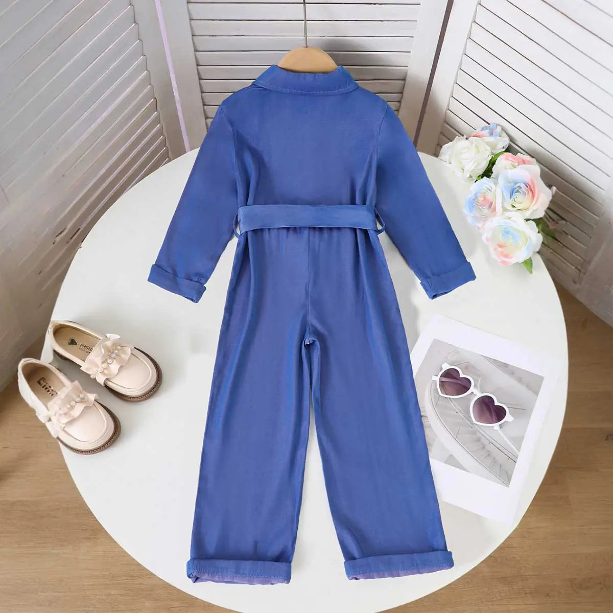 Girls Blue Solid Long Sleeves Overall Jumpsuit Jumpsuits