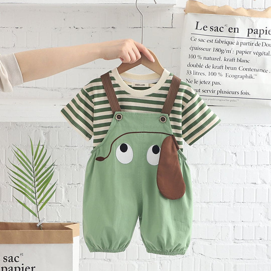 Boys Green Short Sleeve Striped T-Shirt With Dungaree 2 pc. Sets Green 1-2 Y 