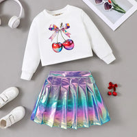 Girls White Cherry Printed Long Sleeves Top With Colourful Pleated Skirt Sets Sets White 3-4 Y
