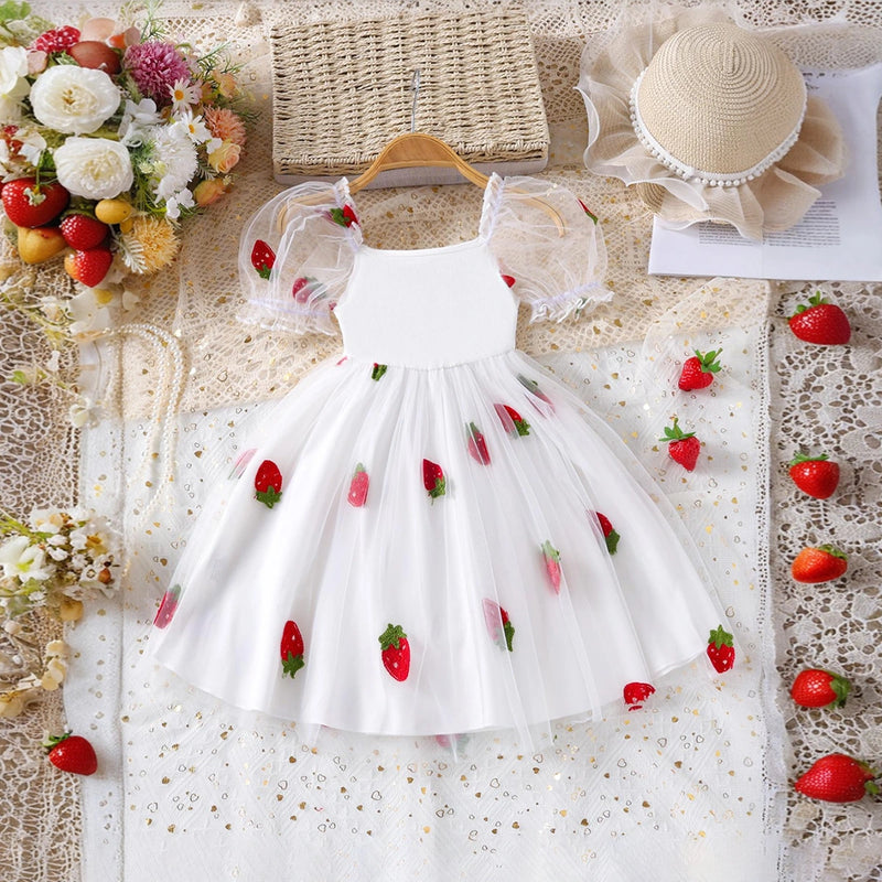 Girls White Strawberry Puff Sleeve Fit And Flare Dress – INCLUD