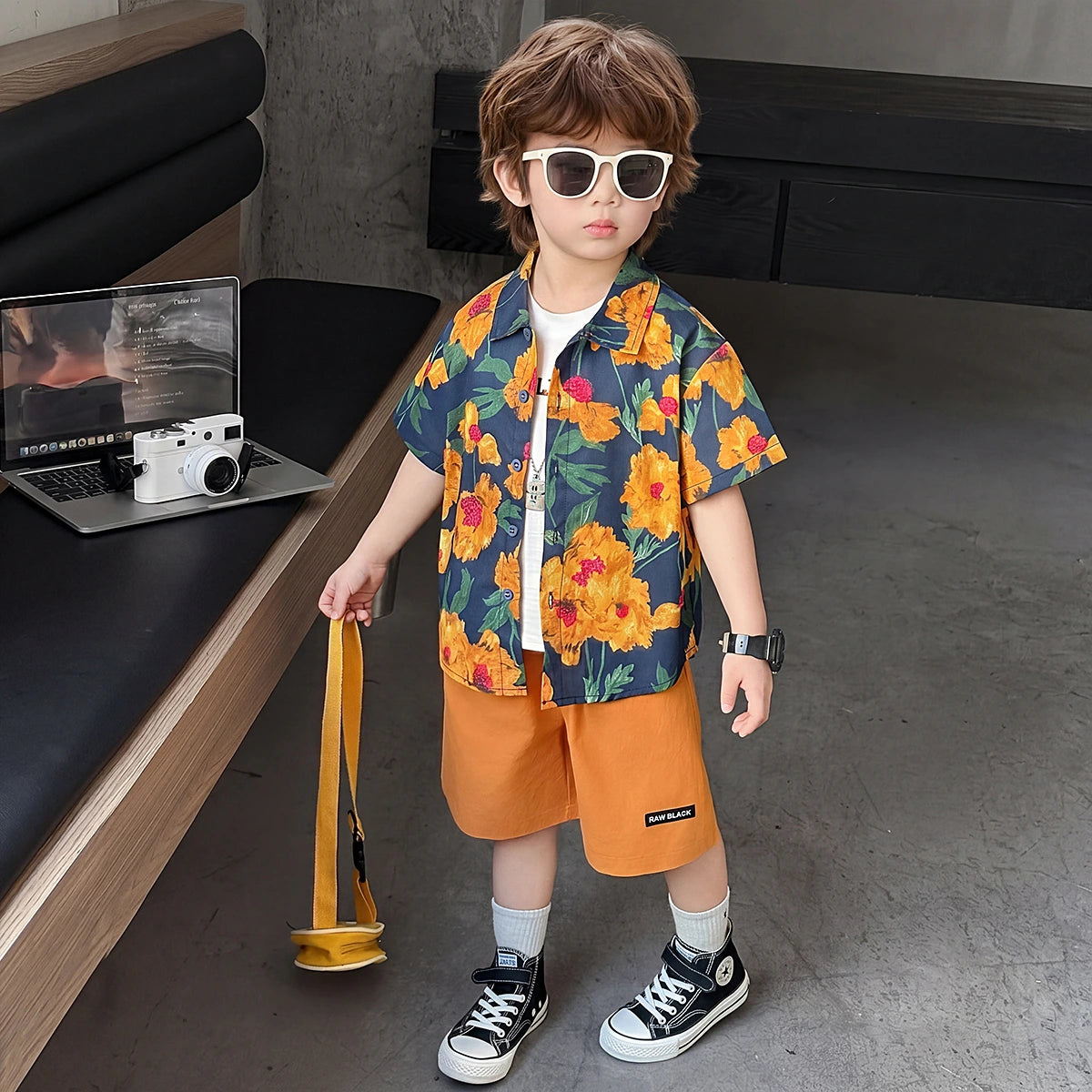 Boys Orange Floral Print Shirt With Shorts Sets Sets Orange 1-2 Y