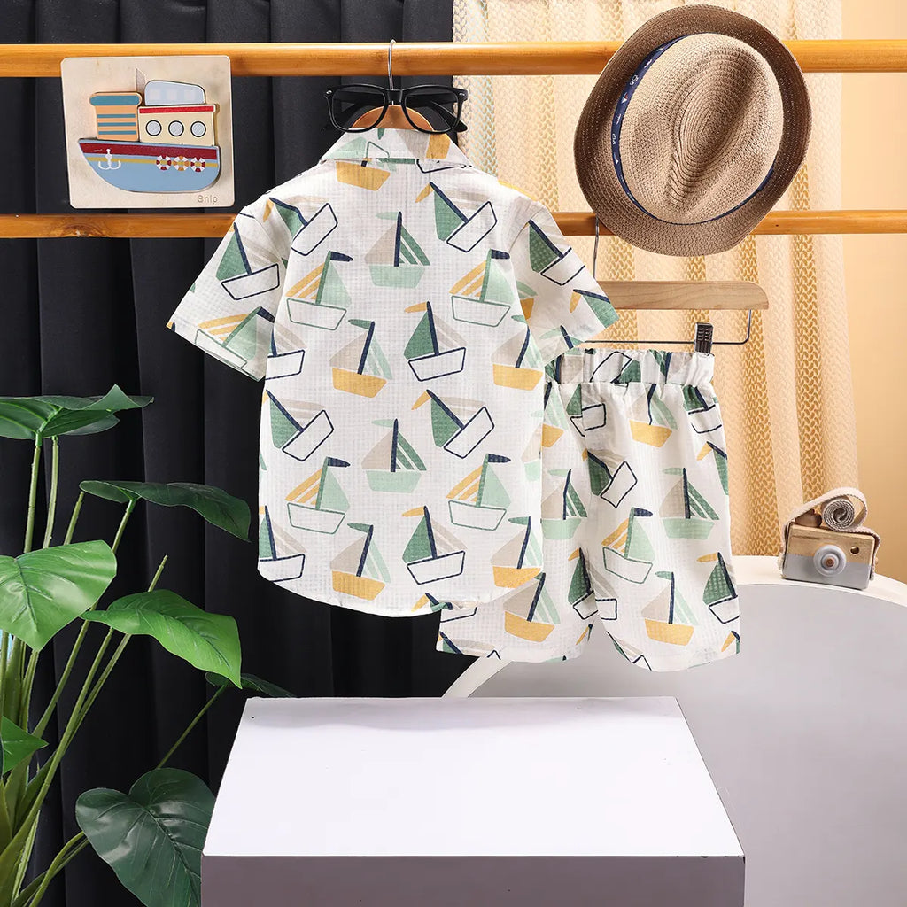 Boys Green Boat Graphics Short Sleeve Shirt With Elasticated Shorts Sets 2 pc. Sets
