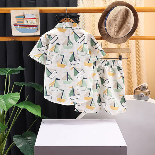 Boys Green Boat Graphics Short Sleeve Shirt With Elasticated Shorts Sets 2 pc. Sets