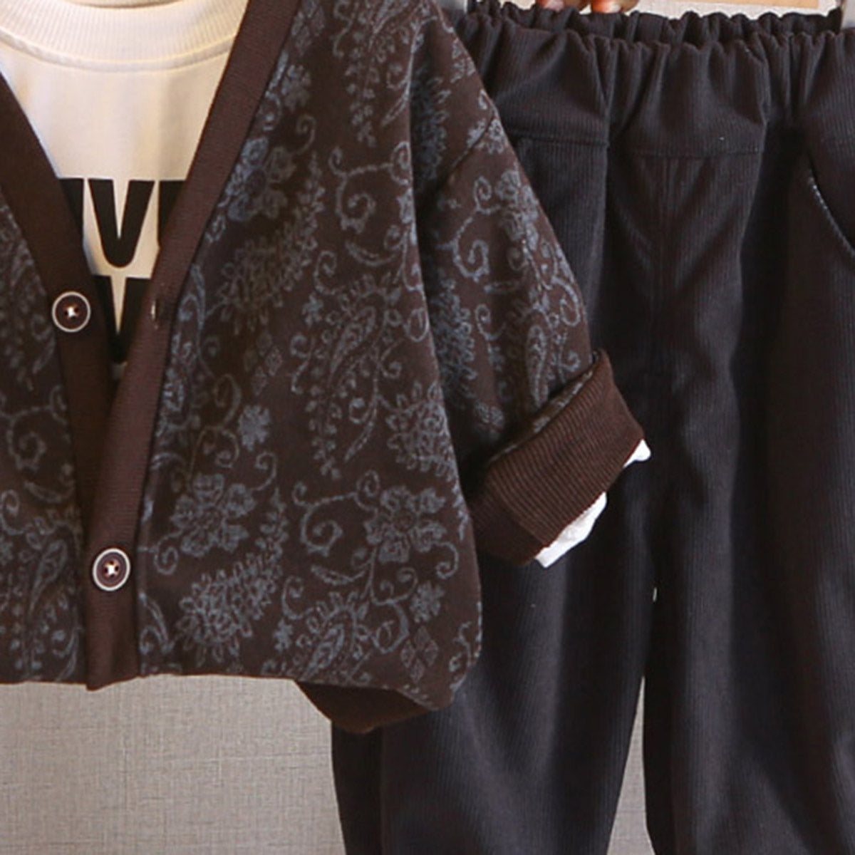 Boys Brown Floral Printed Cardigan With T-Shirt & Joggers Set Sets