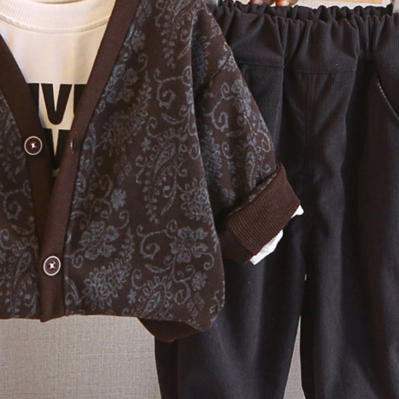 Boys Brown Floral Printed Cardigan With T-Shirt & Joggers Set Sets
