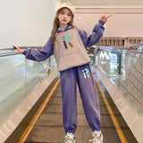 Girls Purple R Letter Printed Hooded Sweatshirt With Jogger Sets