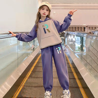 Girls Purple R Letter Printed Hooded Sweatshirt With Jogger Sets Sets Purple 5-6 Y