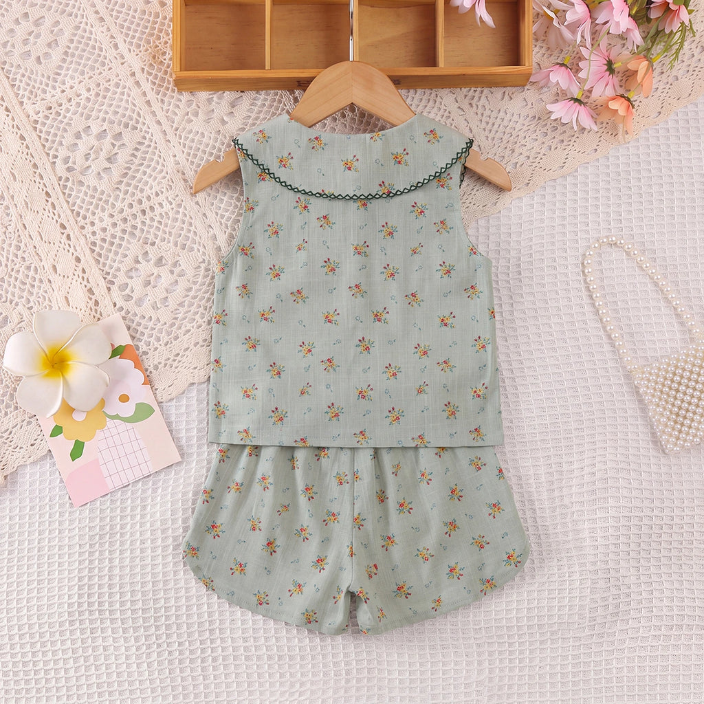 Girls Green Floral Print Peter Pan Collar Top With Shorts Sets 2 pc. Sets