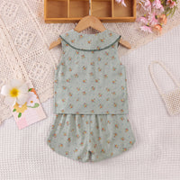 Girls Green Floral Print Peter Pan Collar Top With Shorts Sets 2 pc. Sets