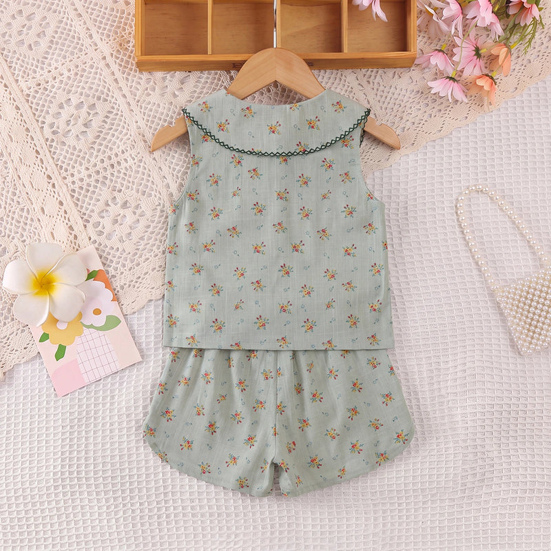 Girls Green Floral Print Peter Pan Collar Top With Shorts Sets 2 pc. Sets