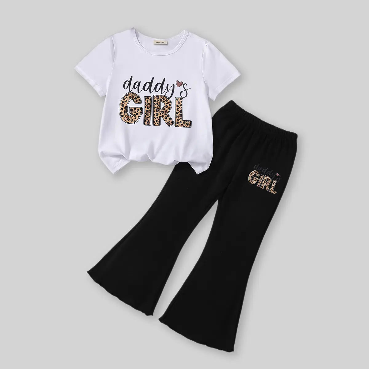 Girls White Daddys Girls Leopard Print T-Shirt With Flared Pants Sets Sets