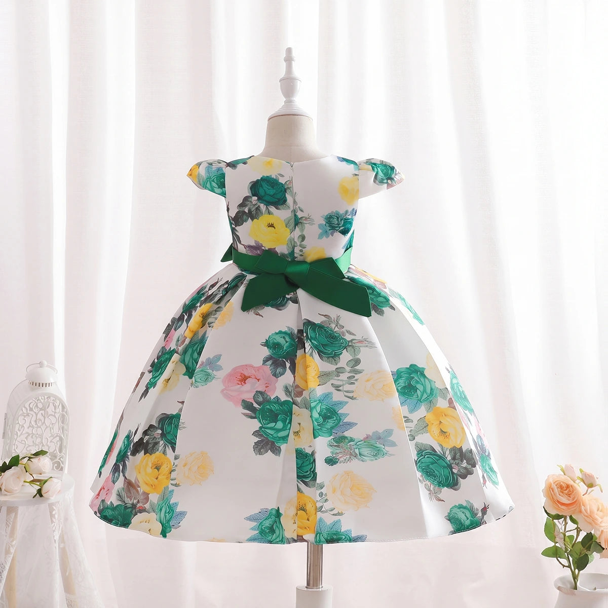 Girls Green Floral Printed Cap Sleeve Fit & Flare Party Wear Dress Party Dresses