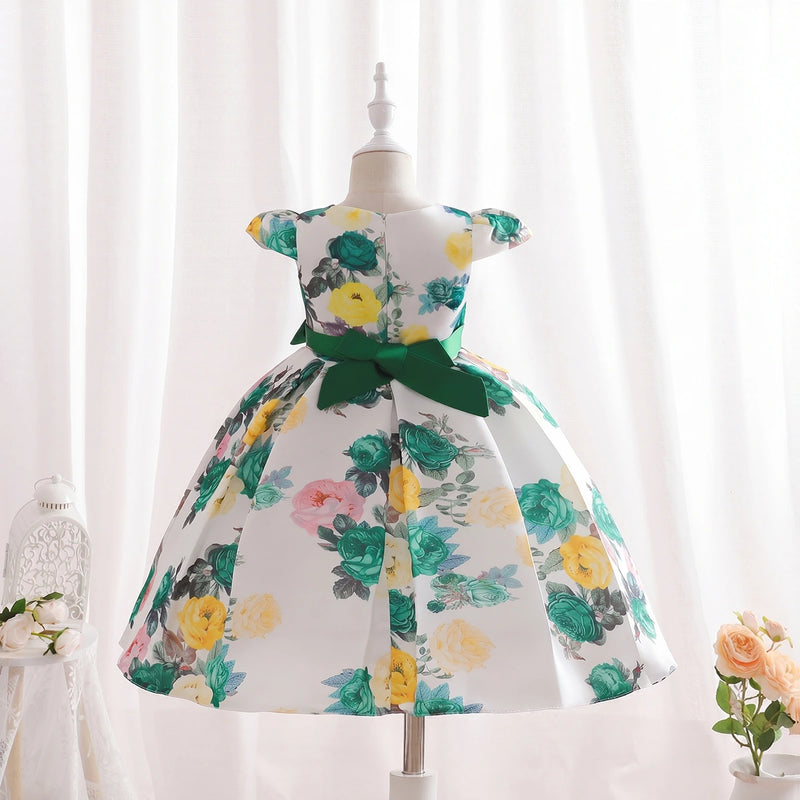 Girls Green Floral Printed Cap Sleeve Fit & Flare Party Wear Dress Party Dresses