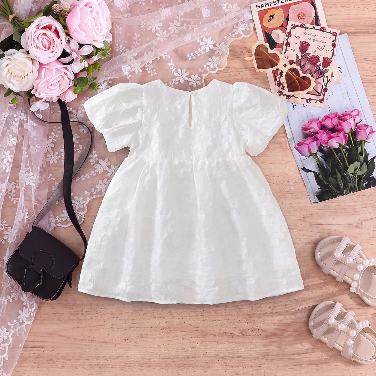 Girls White Self-Design Puff Sleeve Fit & Flare Dress Casual Dresses