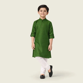 Boys Green Ethnic wear Cotton Long Sleeve Kurta With Pyjama Set Ethnicwear Boys Green 1-2 Y