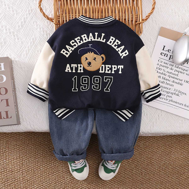 Boys Navy Blue Printed Varsity Jacket with T-shirt & Jeans Set Sets