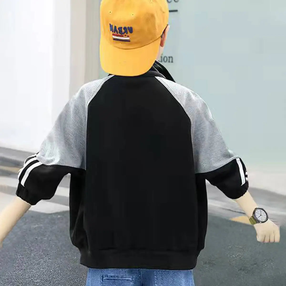 Boys Black Typographic Printed Raglan Sleeves Zipper Jacket Coats & Jackets