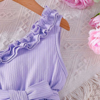 Girls Lavender Floral Print One Shoulder Fit & Flare Dress Casual Dresses