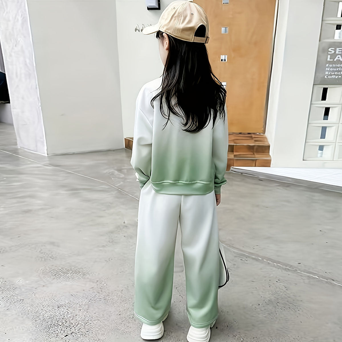 Girls Green Typographic Printed Sweatshirt With Flared Pants Winter Co-ord Set 2 pc. Sets