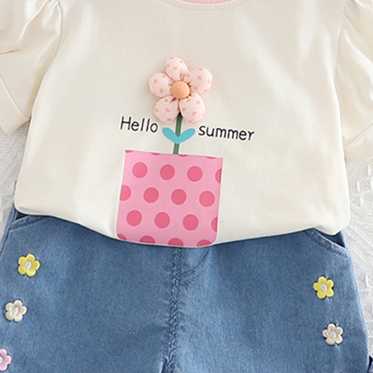 Girls Off White Flower Appliquéd Top With Denim Shorts Set 2 pc. Sets