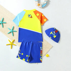 Boys Blue Astronaut Print T-Shirt With Shorts & Swim Cap Swimwear Sets Beachwear