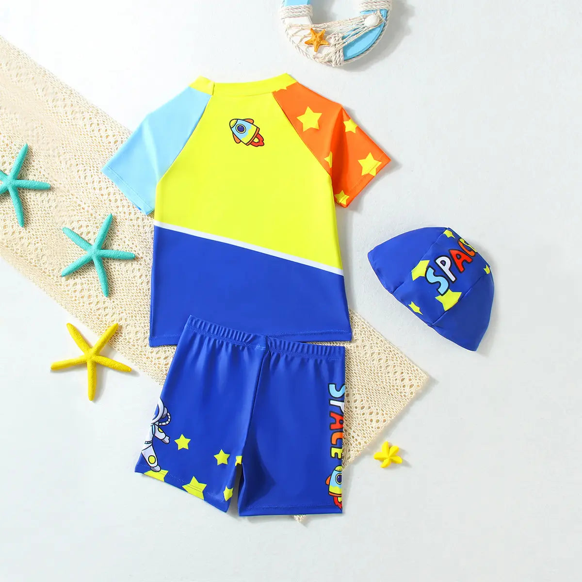 Boys Blue Astronaut Print T-Shirt With Shorts & Swim Cap Swimwear Sets Beachwear