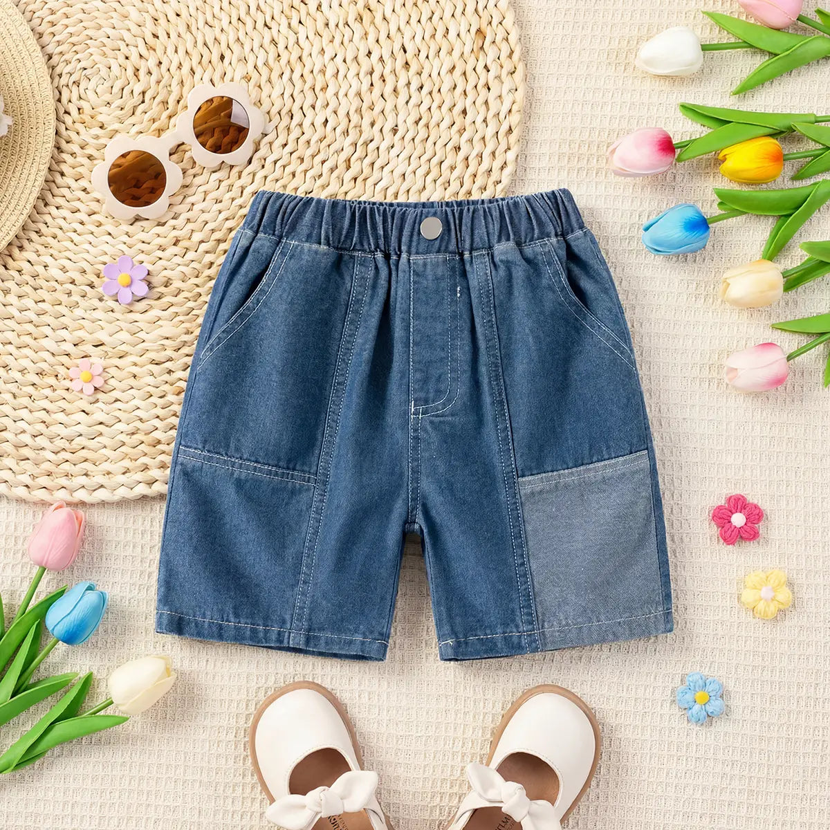 Boys Blue Solid Denim Shorts With Elasticated Waistband Shorts Blue 1-2 Y