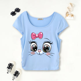 Girls Light Blue Cat-Eyes Graphic Short Sleeves Scoop Neck T-Shirt Tshirts Light Blue 7-8 Y