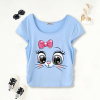 Girls Light Blue Cat-Eyes Graphic Short Sleeves Scoop Neck T-Shirt Tshirts Light Blue 7-8 Y