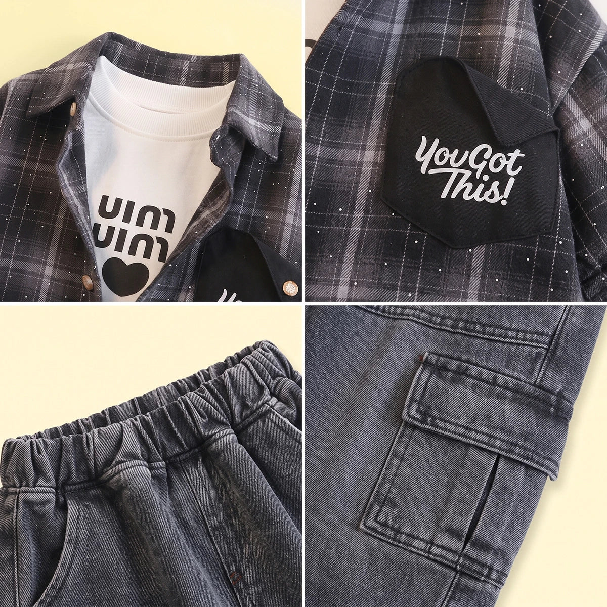 Boys Black Checked Shirt With T-Shirt And Denim Pants Sets 3 pc. Sets