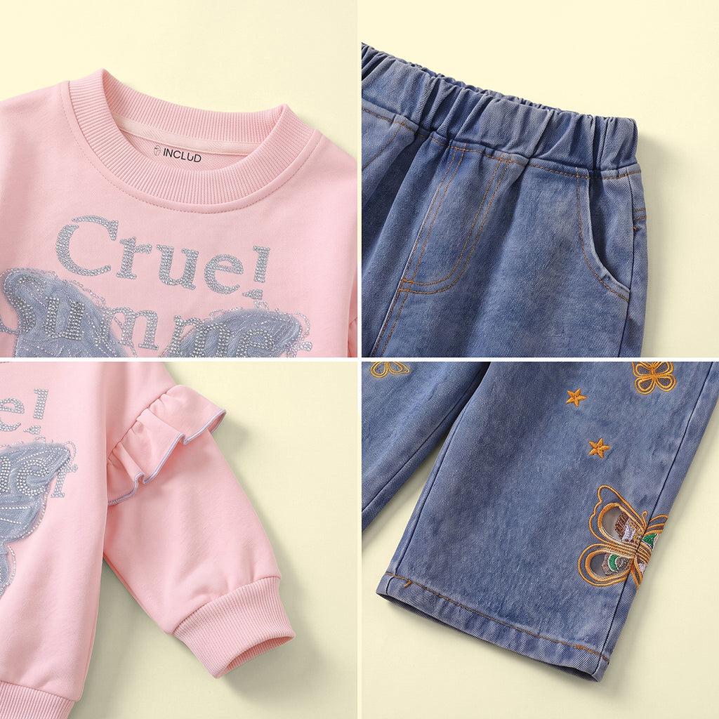 Girls Pink Butterfly Embellished Sweatshirt & Denim Pants Sets Sets