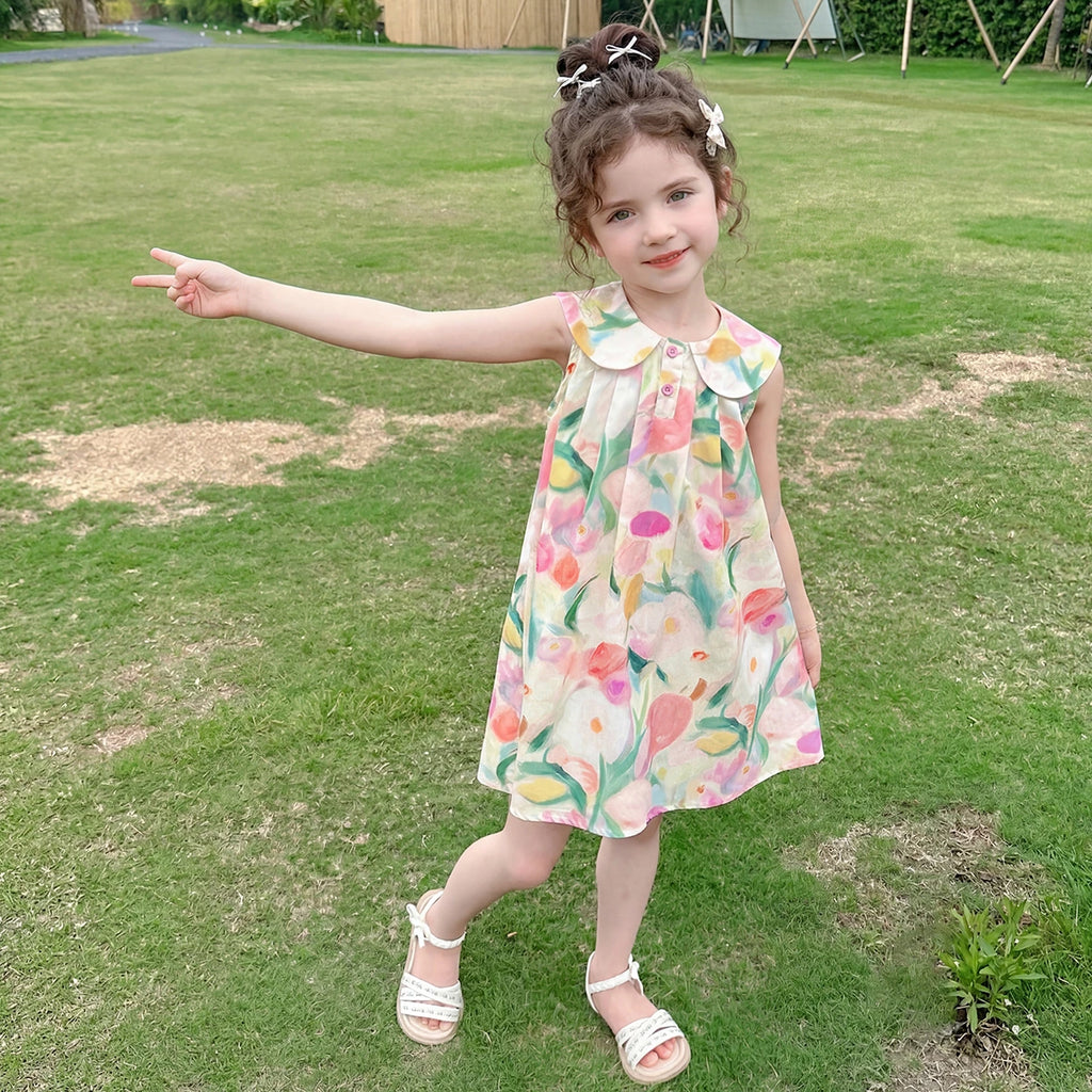 Girls Multicolour Floral Print Sleeveless Peter Pan collar A-Line Dress Casual Dresses Multicolor 1-2 Y