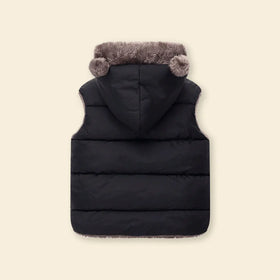 Boys Black Sleeveless Hooded Puffer Vest With Faux-fur Trim Coats & Jackets