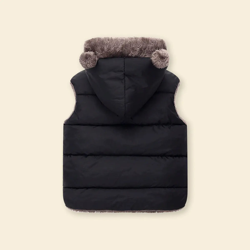 Boys Black Sleeveless Hooded Puffer Vest With Faux-fur Trim Coats & Jackets