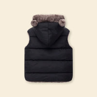 Boys Black Sleeveless Hooded Puffer Vest With Faux-fur Trim Coats & Jackets
