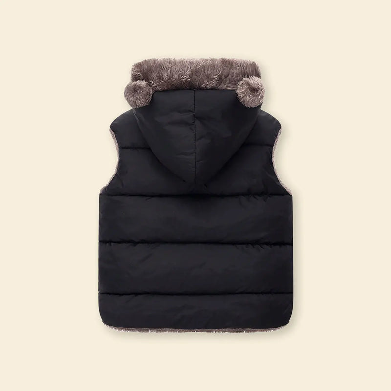 Boys Black Sleeveless Hooded Puffer Vest With Faux-fur Trim Coats & Jackets