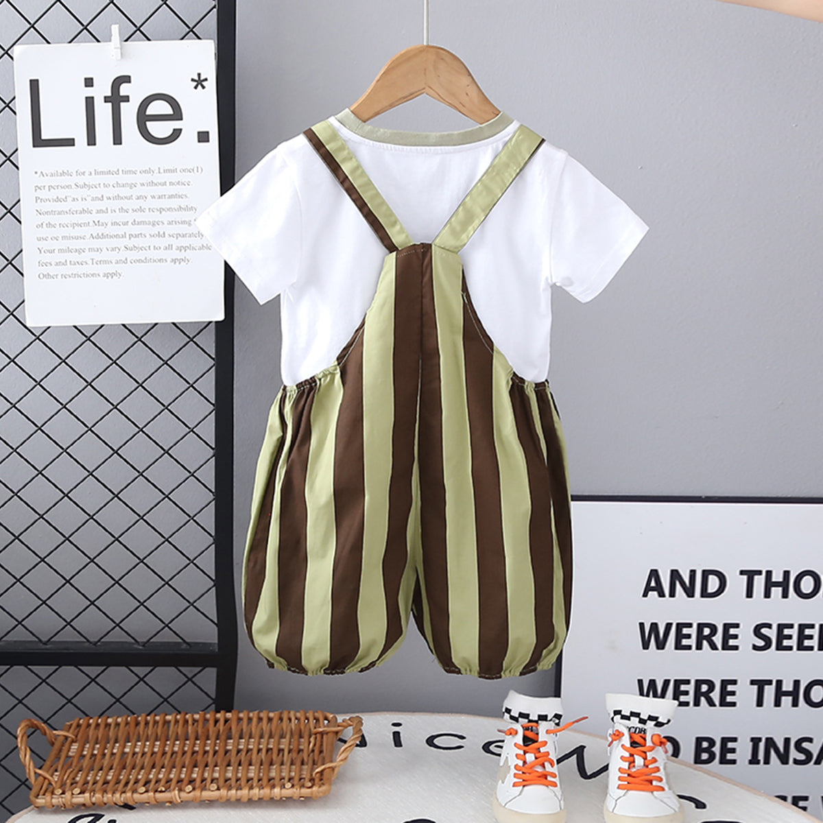 Boys Short Sleeves T-Shirt With Green Vertical Striped Dungaree Set 2 pc. Sets