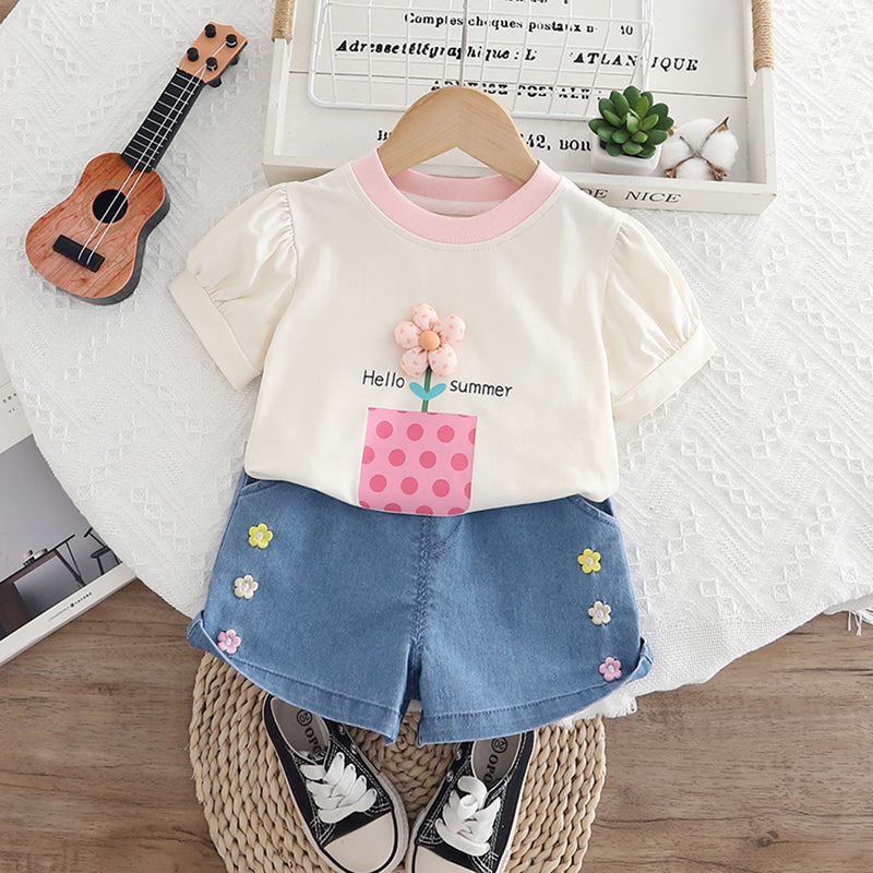 Girls Off White Flower Appliquéd Top With Denim Shorts Set 2 pc. Sets
